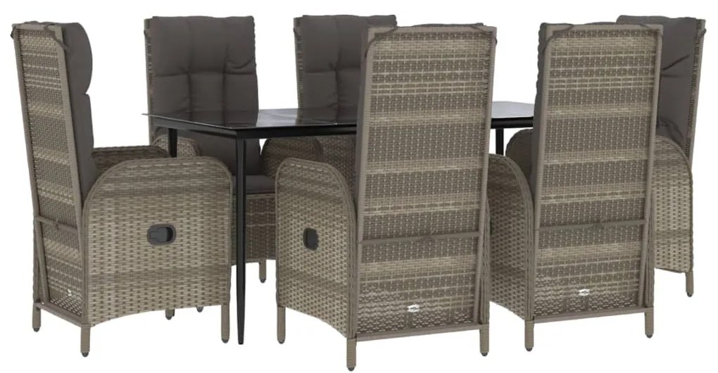 7 pcs conjunto jantar jardim c/ almofadões vime PE preto/cinza