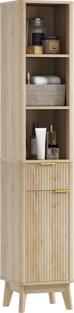 Coluna de Casa de Banho Móvel de Casa de Banho Estreito com Porta Canaleda Gaveta 3 Compartimentos e Prateleiras Ajustáveis 33x30x170 cm Madeira