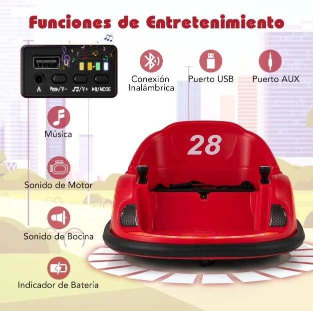 Carrinho de choques para crianças a bateria 6V  com luzes LED Ligação sem fios Música e som  360° Vermelho