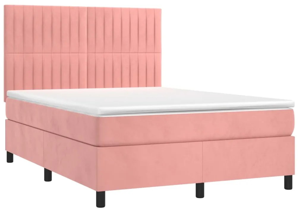 Cama box spring c/ colchão/LED 140x200 cm veludo rosa