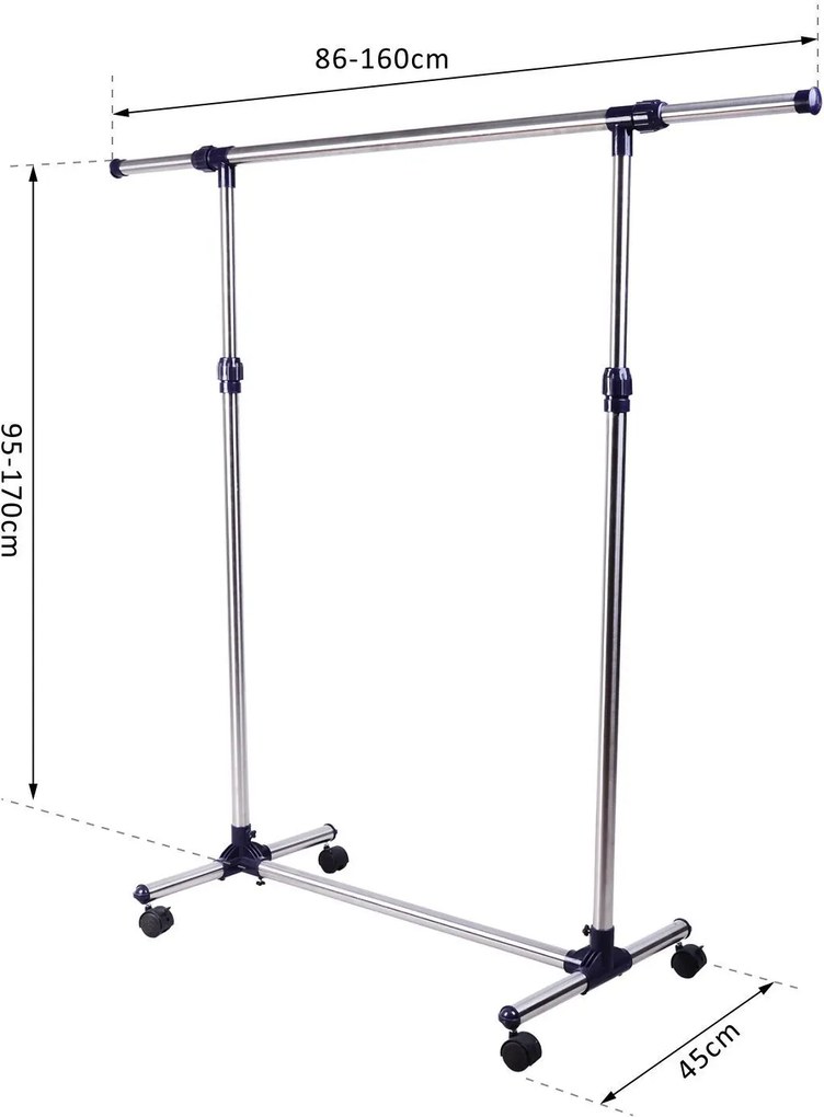 Charriot com Altura Ajustável Cabideiro com Rodas para Roupas Aço Inoxidável 86-160x45x95-170cm Prata e Preto
