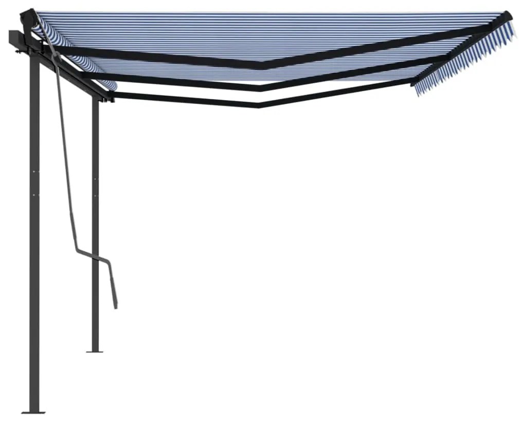 Toldo retrátil manual com postes 6x3 m azul e branco