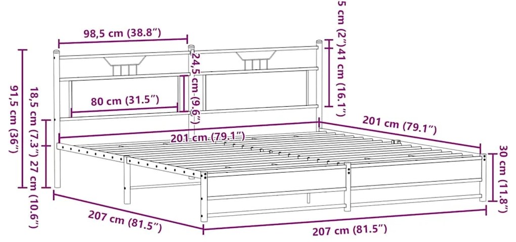 Estrutura de cama sem colchão 200x200cm metal carvalho sonoma