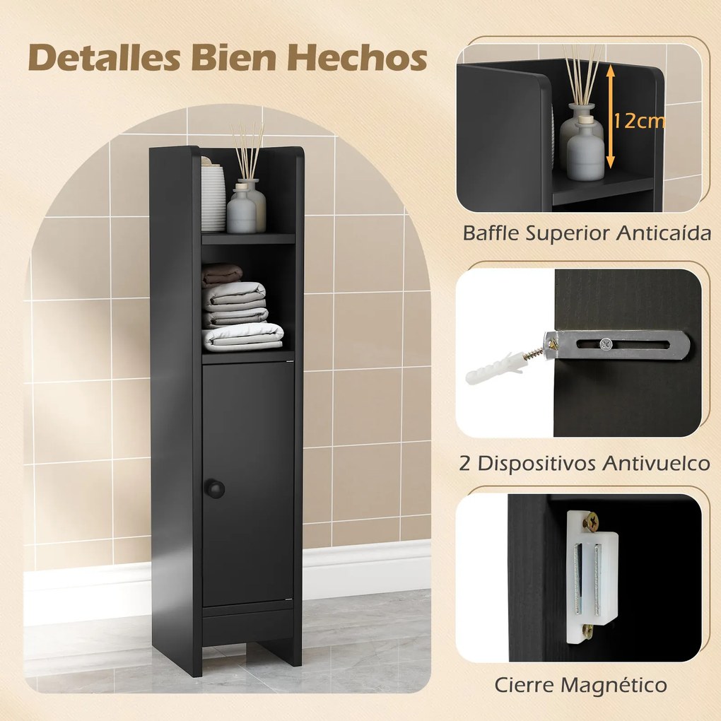 Conjunto de 2 armários de casa de banho 20 cm x 18 cm x 80 cm com porta e estantes ajustáveis, suporte para papel higiénico e organizador para casa de