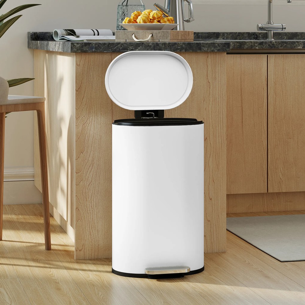 Caixote do lixo de cozinha de 30 L, com pedal, balde interior removível, tampa com fecho suave, 36,5 x 31 x 61 cm, branco