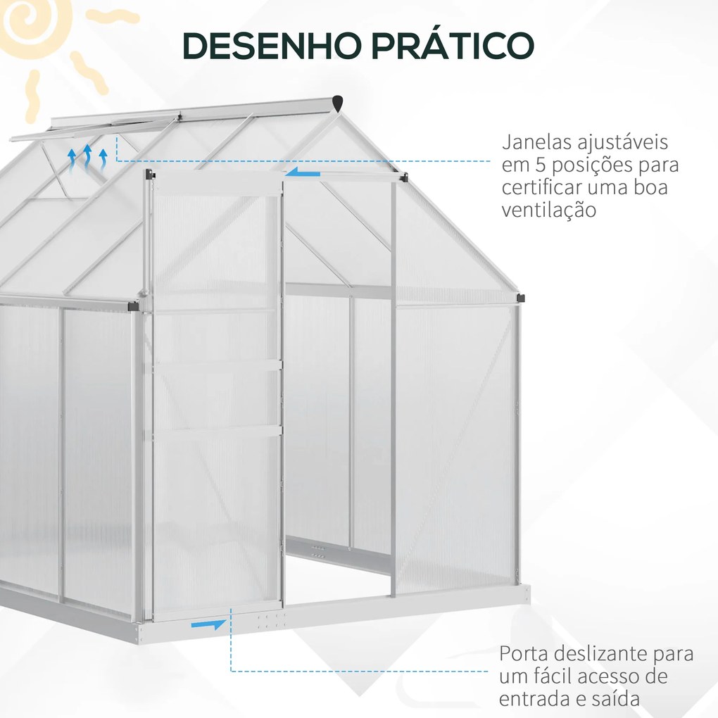 Outsunny Estufa de Jardim de Policarbonato e Alumínio Estufa de Exterior com Porta Corredeira e 2 Clarobóias para Cultivo de Plantas Sementes 190x253x199cm Transparente