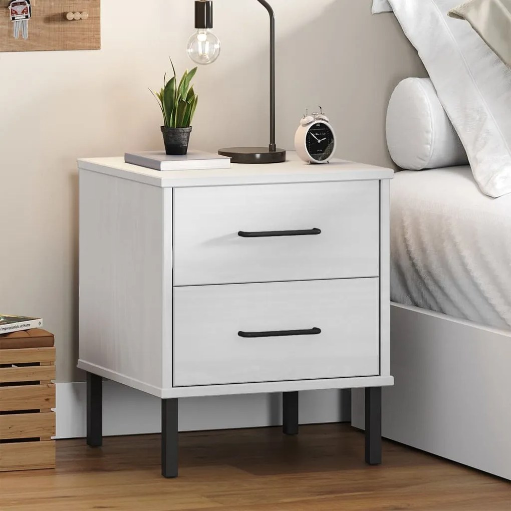 350975 vidaXL Mesa cabeceira c/ pernas de metal OSLO pinho maciço branco