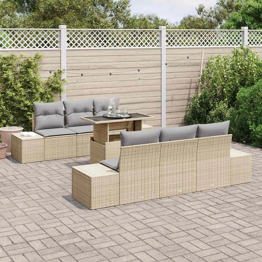 Conjunto de Sofá de Jardim com 7 Peças e Almofadas Bege em Polyrattan