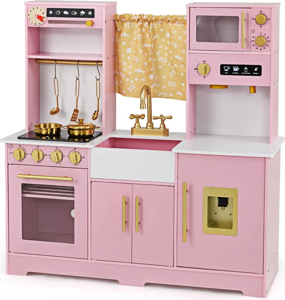 Conjunto de cozinha para crianças com cafeteira, dispensador de água, fogão, pia e torneira para crianças acima de 3 anos, 90 x 30 x 90 cm, rosa claro