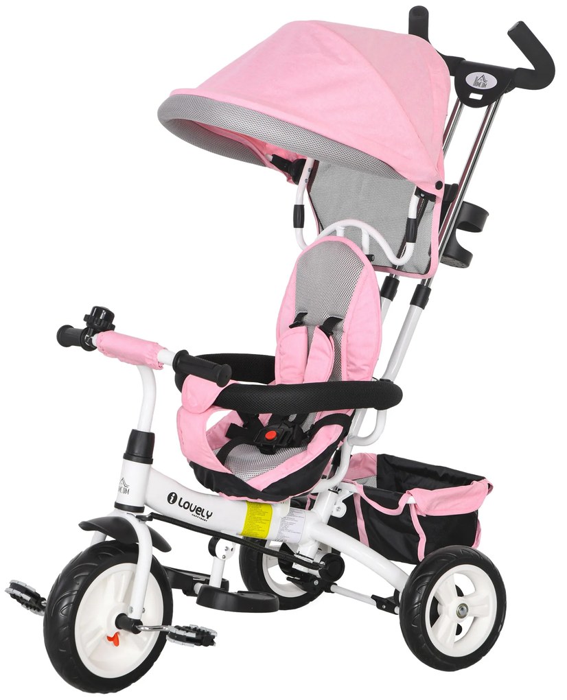 Triciclo Evolutivo para Bebés de +12 Meses 2 em 1 com Toldo Dobrável Guiador Cinto de Segurança e Cesto 95x50x106 cm Rosa