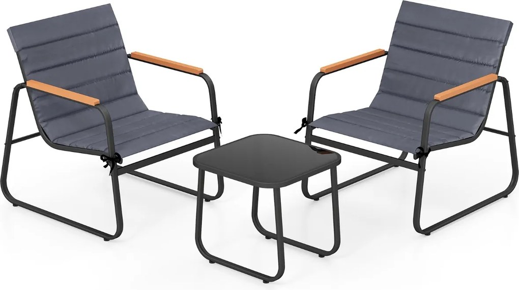 Conjunto de jardim de 3 peças, mesa de centro de vidro temperado e 2 Cadeiras com almofadas cinza