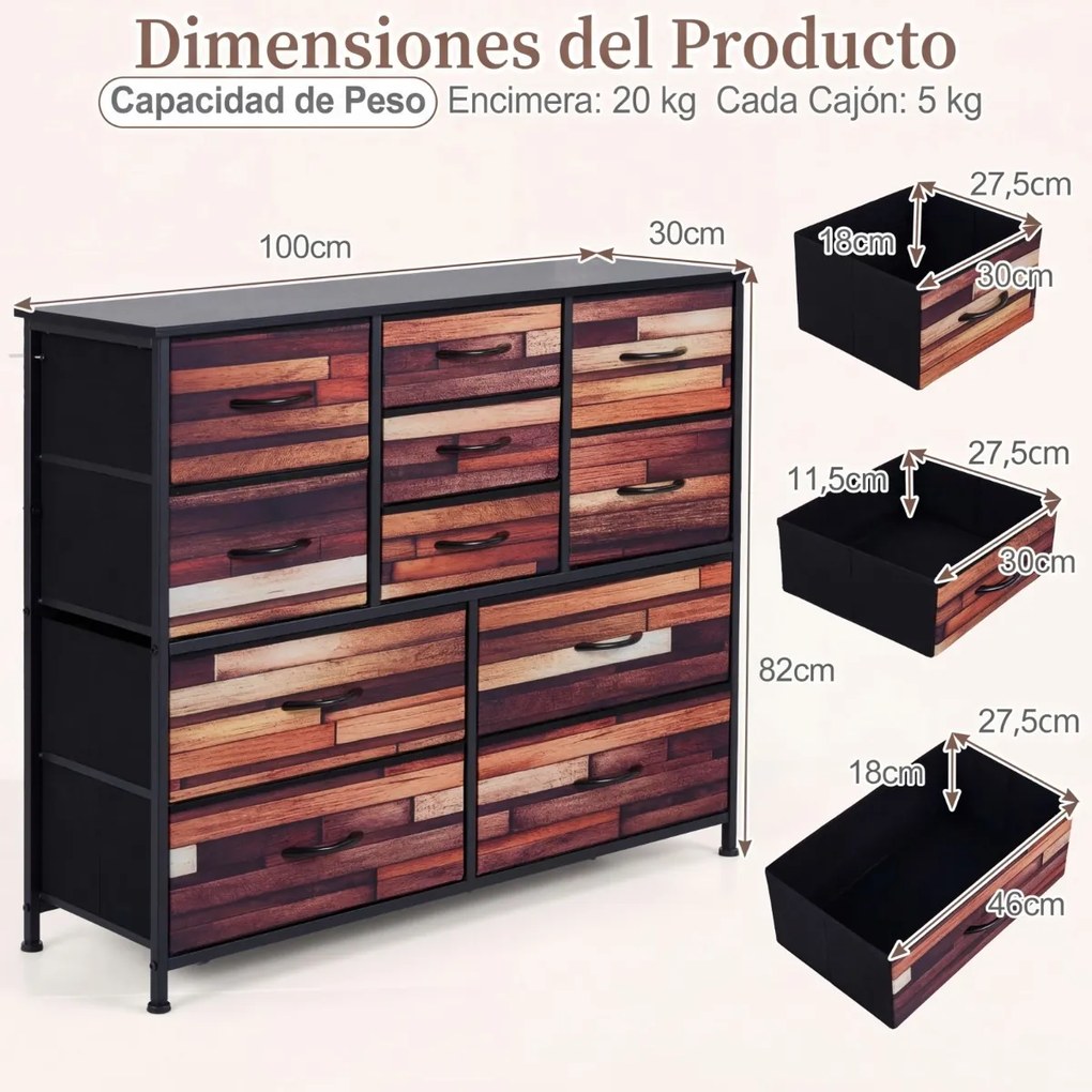 Cómoda de 11 gavetas com gavetas em tecido 100 x 30 x 82 cm, estrutura metálica, organizador para quarto Preto + Castanho