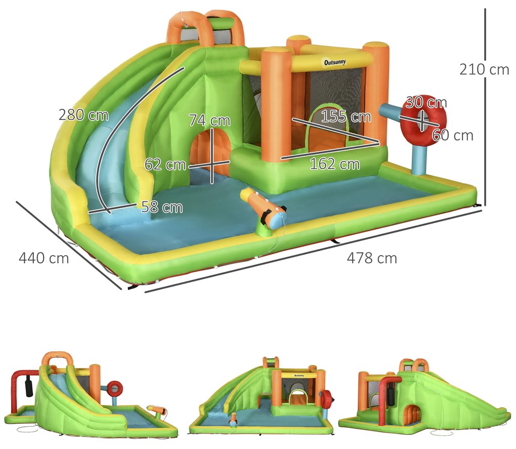 Castelo Insuflável com Escorrega Poste de Boxe e Túnel Castelo Insuflável para Crianças de 3-8 Anos com Insuflador e Bolsa de Transporte 478x440x210cm