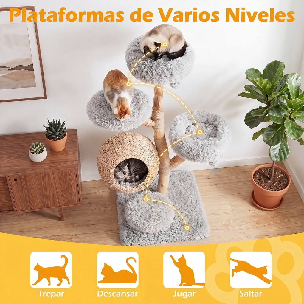 Árvore para Gatos de 5 Níveis, 59 x 59 x 134 cm, com Casota de Junco, Cinzento