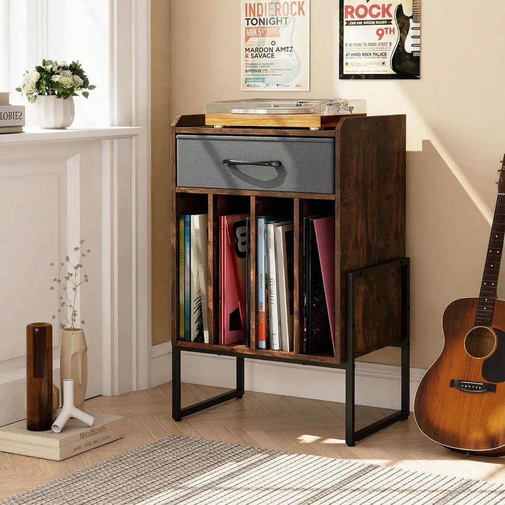 Móvel para gira-discos 45 x 32,5 x 68,5 cm com gaveta em tecido e prateleiras abertas em metal para discos de vinil; ideal para sala de estar, quarto