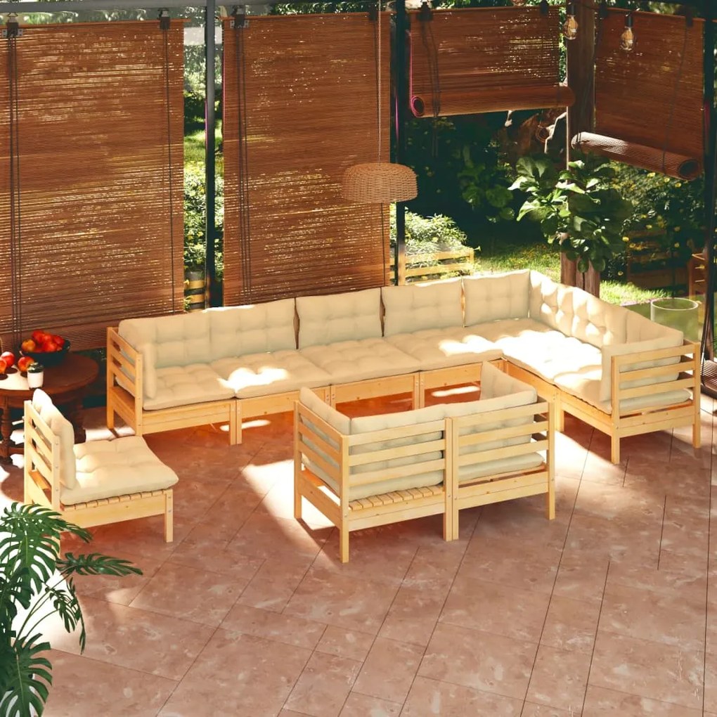 vidaXL 10 pcs conjunto lounge jardim c/ almofadões creme pinho maciço