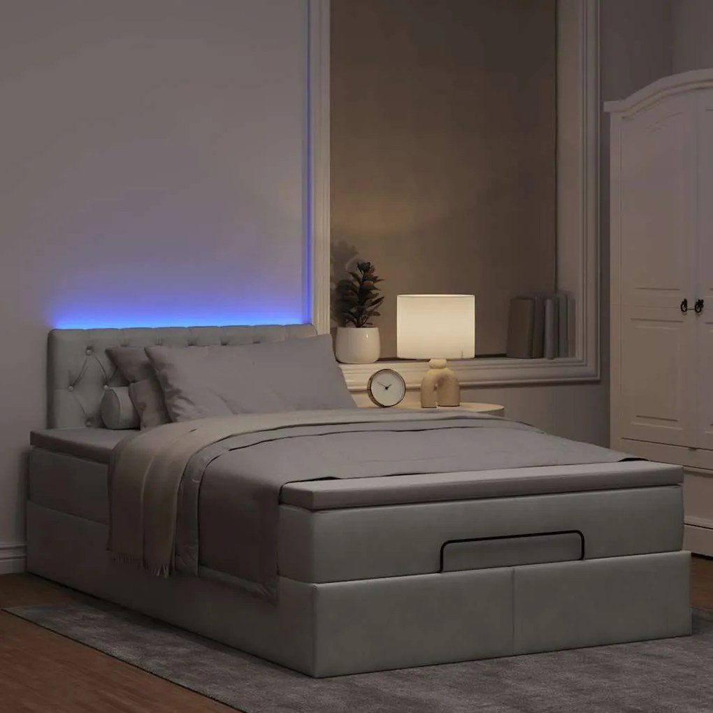 Cama otomana com colchão &amp; LEDs 120x190cm veludo cinza-claro