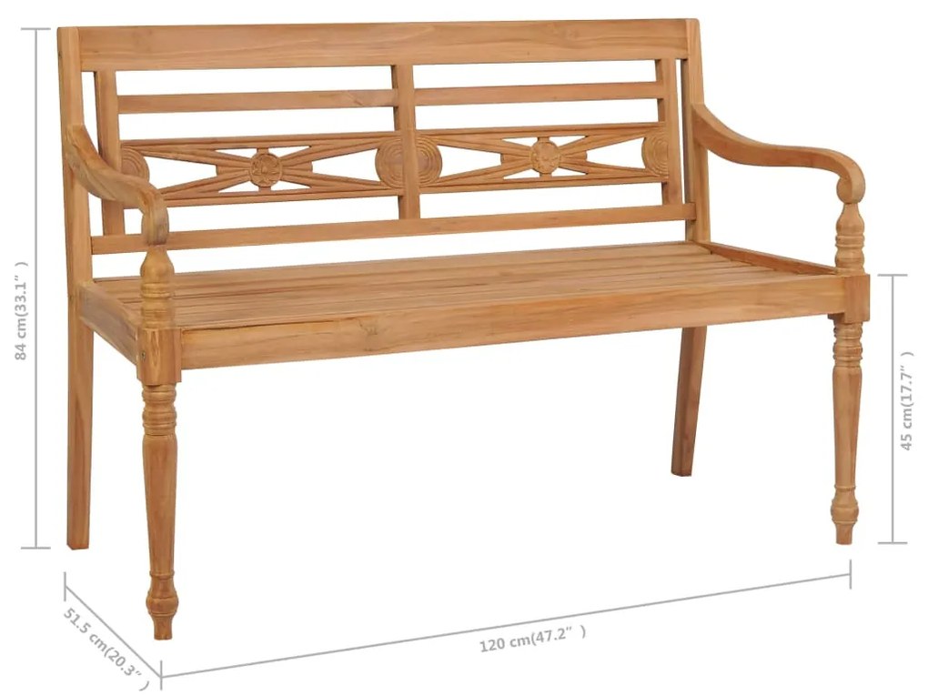 Banco Batávia c/ almofadão cinza-acastanhado 120 cm teca maciça