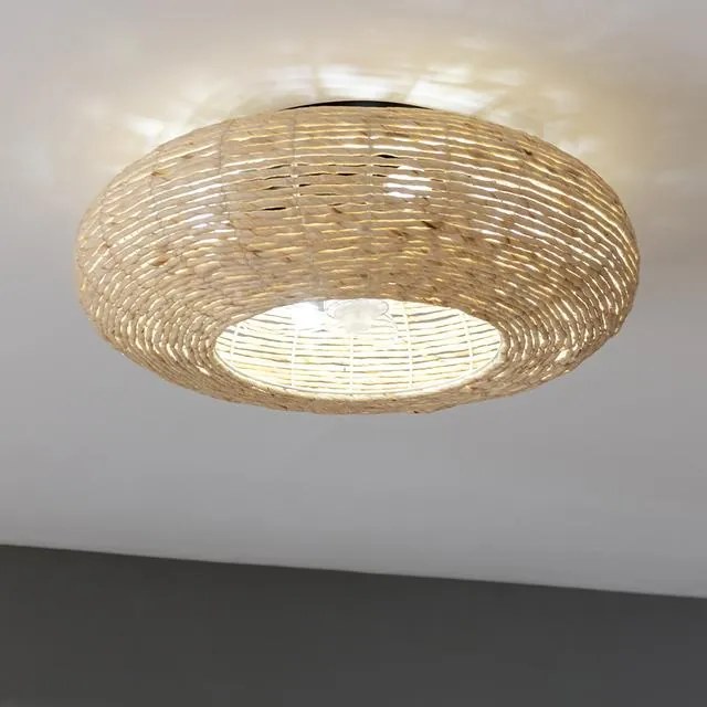 Ventoinha de teto EnergySilence LampAero 600 Natur Wicker de design com motor DC, com uma potência de 20 W e lâmpada integrada, com 5 pás de 11 poleg