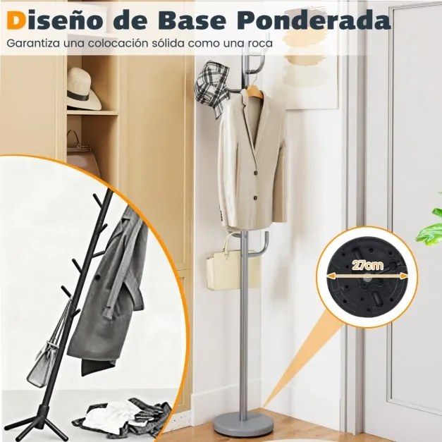 Cabide Cactus 8 Ganchos Base Pesada Extremidades Curvas 2 Alturas Ajustáveis Metal para Entrada Quarto 175 cm Cinza Prateado