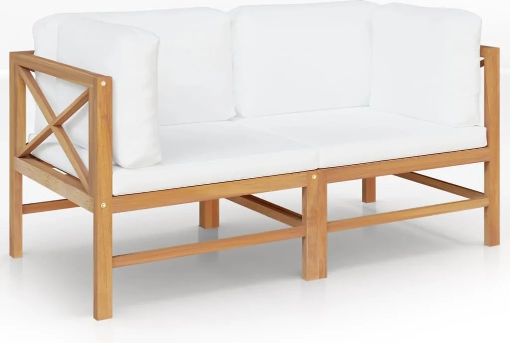 vidaXL Banco de jardim 2 lugares c/ almofadões cor creme teca maciça