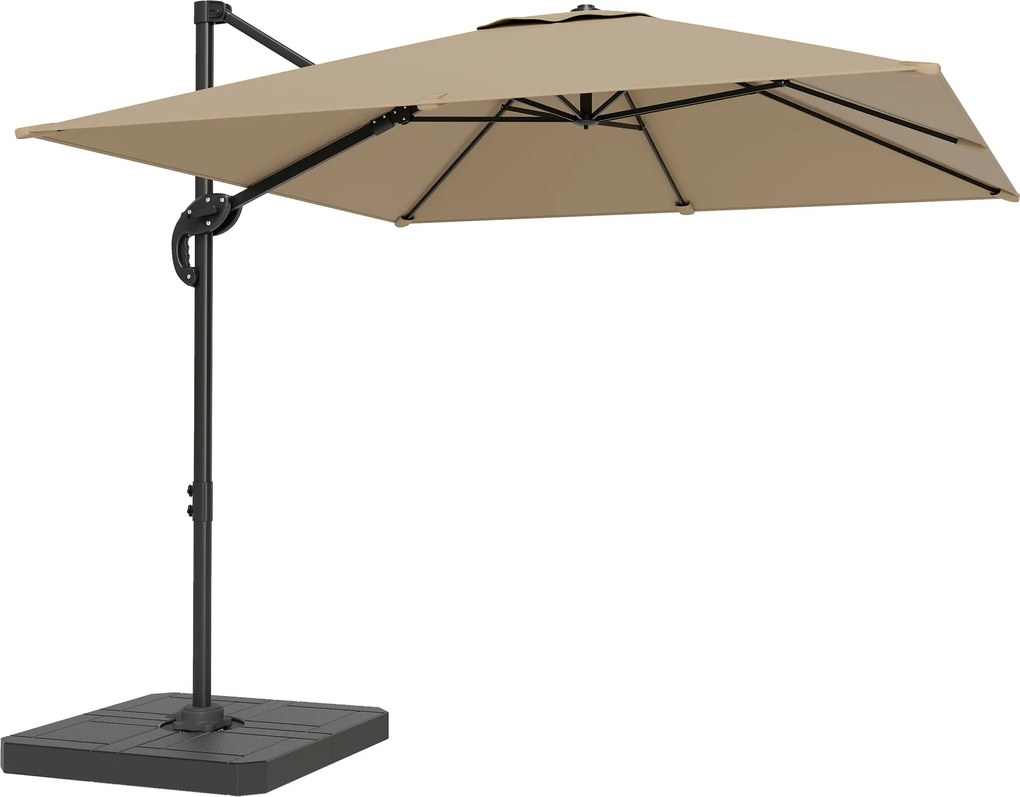 Outsunny Guarda-sol Suspenso Quadrado Guarda-sol de Jardim Exterior Base e Placas de Contrapeso Mastro de Alumínio 2,4x2,4m Cáqui | Aosom Portugal