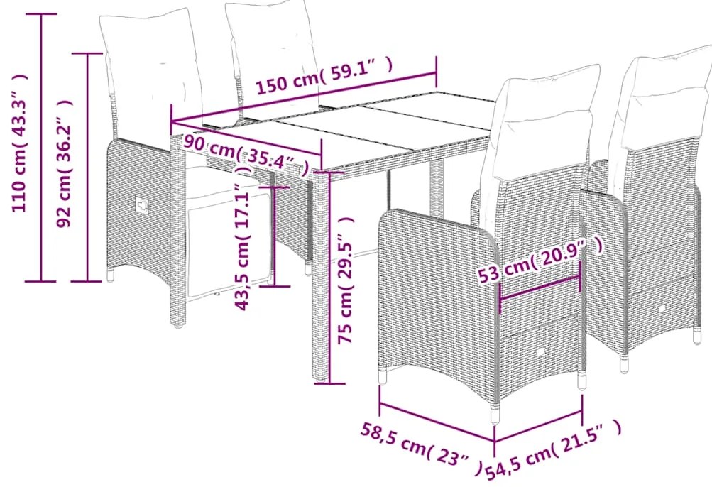 5 pcs conjunto bistrô p/ jardim c/ almofadões vime PE castanho