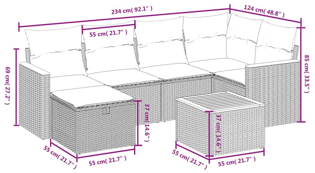 7 pcs conjunto de sofás p/ jardim com almofadões vime PE bege