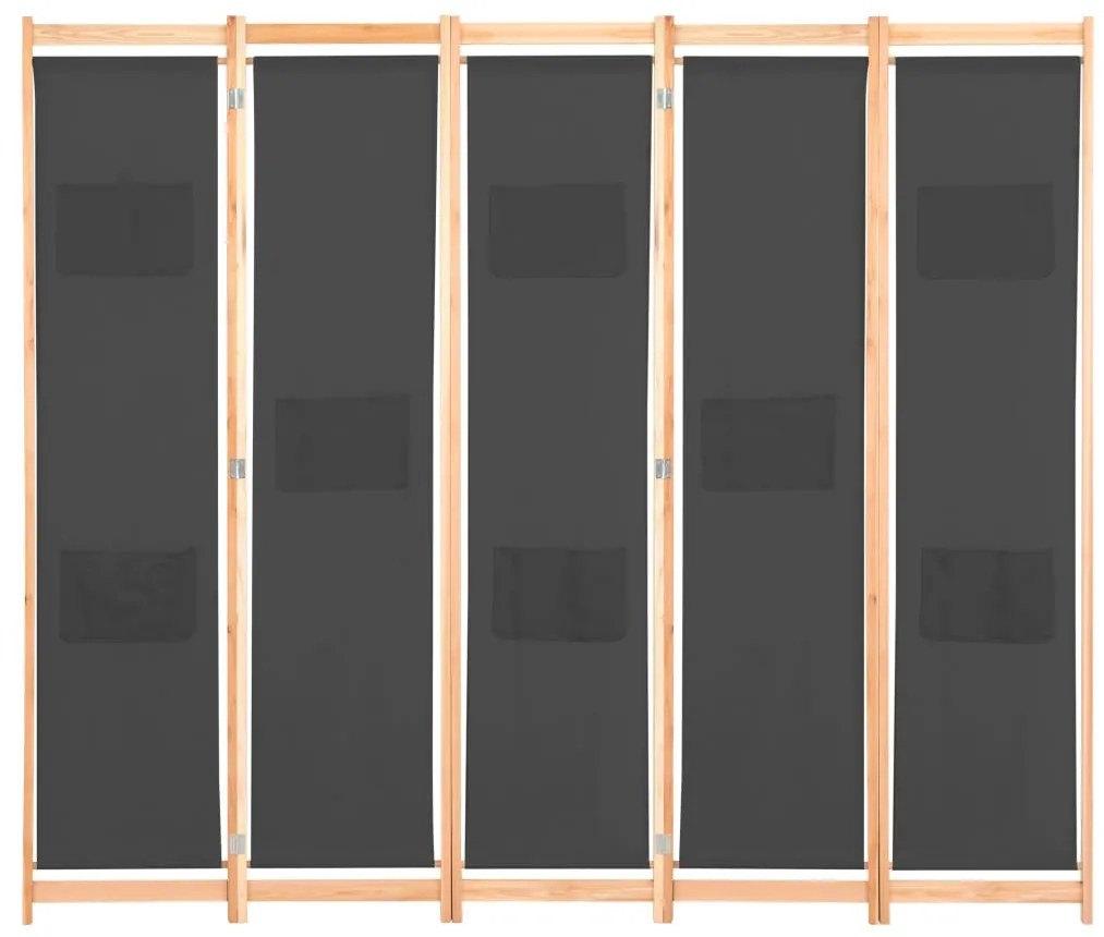 Divisória de quarto com 5 painéis 200x170x4 cm tecido cinzento