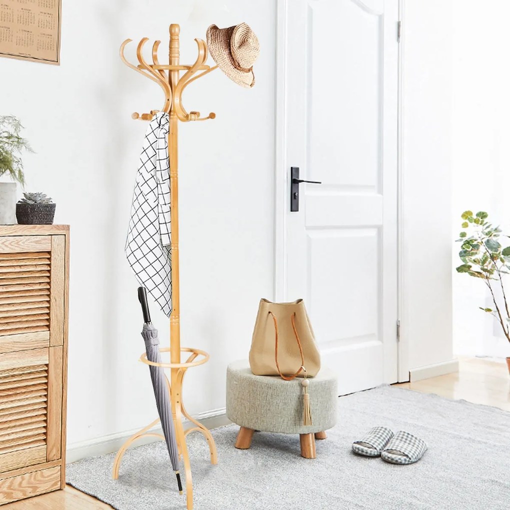 Cabide de Pé Alrik – 182 cm – Madeira Natural com 12 Ganchos Giratório