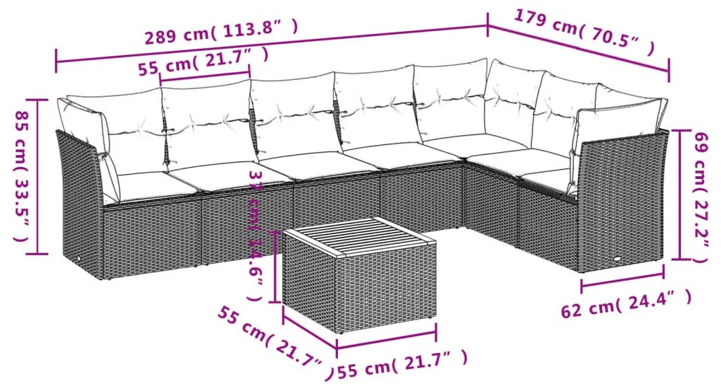 8 pcs conjunto de sofás p/ jardim com almofadões vime PE bege