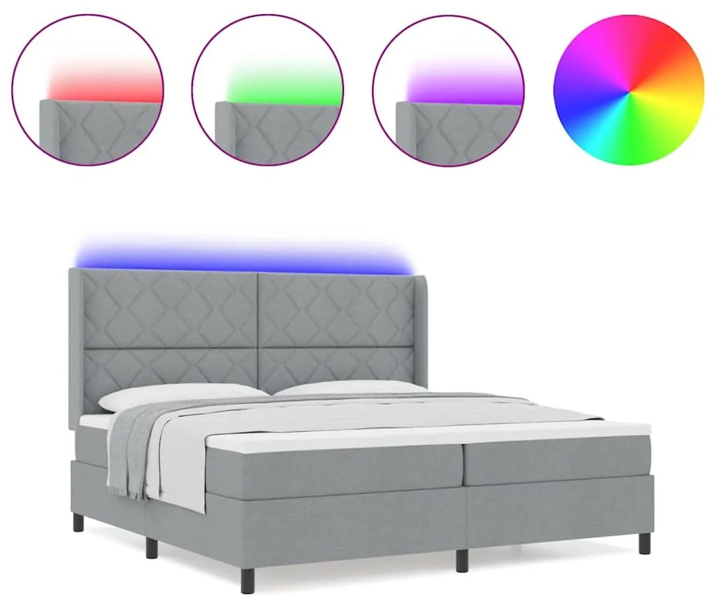 Cama Box com Colchão e Luz LED Cinza Claro 200 x 200 cm