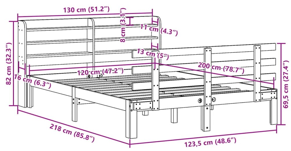 Estrutura de cama com cabeceira 120x200 cm pinho maciço