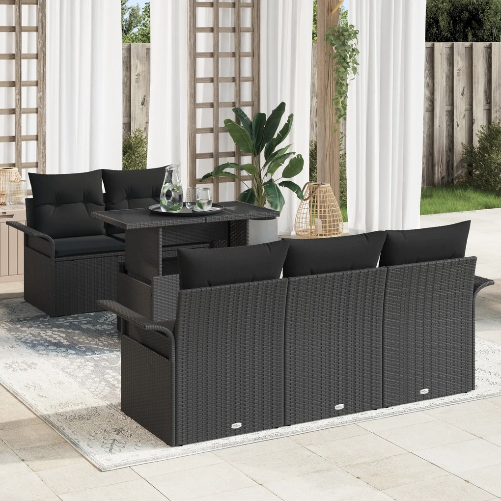 vidaXL Conjunto de Sofá de Jardim de 6 Peças com Almofadas Preto Rattan Poliéster