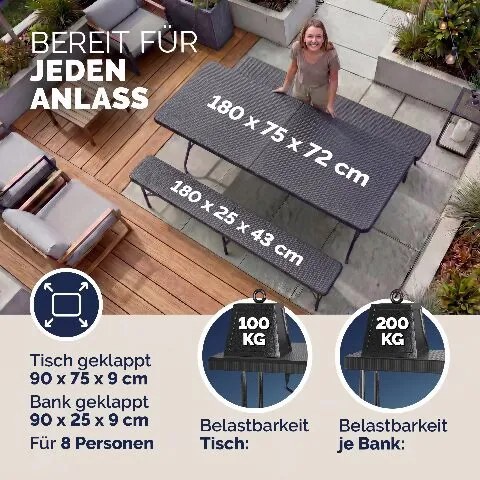 Conjunto de mesa e banco para Campismo Malmö, efeito rattan, preto
