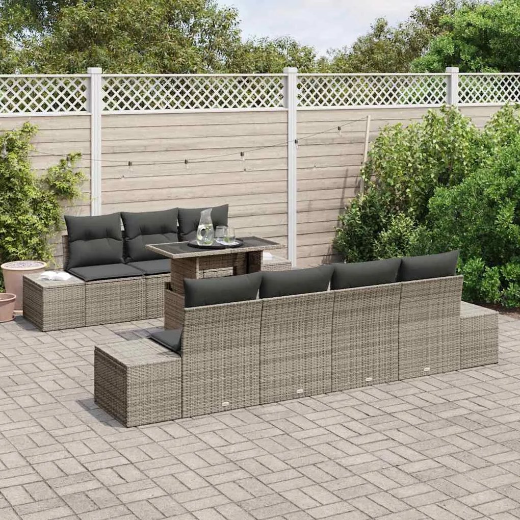 Conjunto de Sofá de Jardim de 8 Peças com Almofadas Cinza de Rattan
