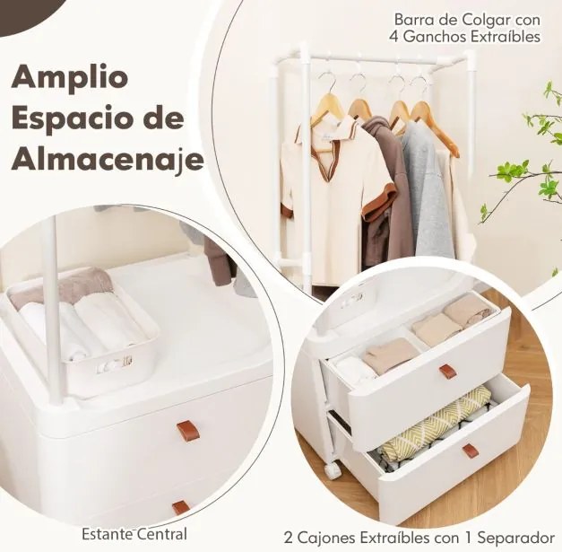 Guarda Roupa com 2 Gavetas Rodas Barra de Pendurar 4 Ganchos para Hall de Entrada Quarto Vestiário Branco