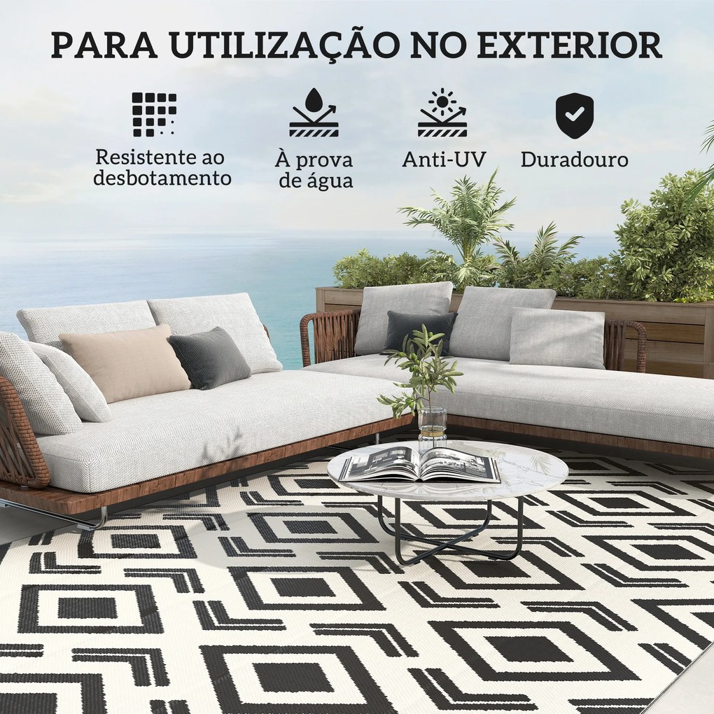 Tapete de Exterior 182x274 cm Tapete Reversível com Padrão Geométrico Impermeável Bolsa de Transporte Branco e Preto