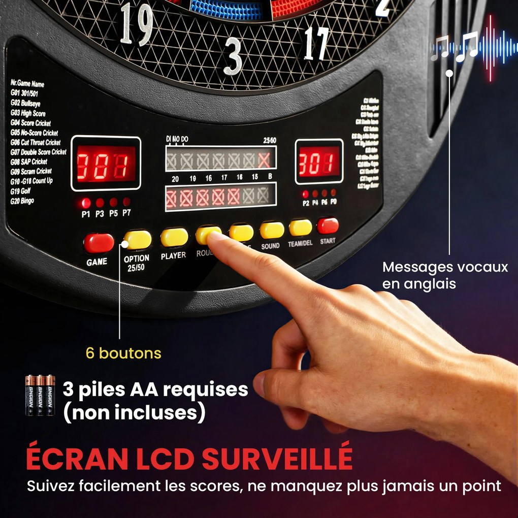 Jogo de dardos eletrónico com pontas flexíveis, dois ecrãs LED, 33 jogos, 202 variações, até 8 jogadores