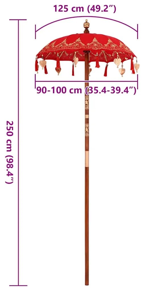 Parasol Balinês Vermelho x 260 cm Algodão e madeira sólida