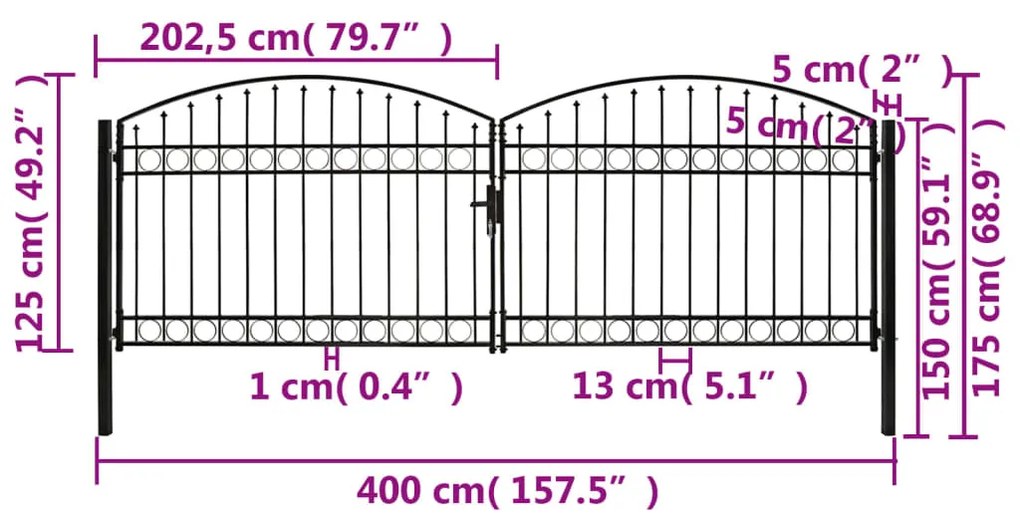 Portão p/ cerca porta dupla e topo arqueado 400x125cm aço preto