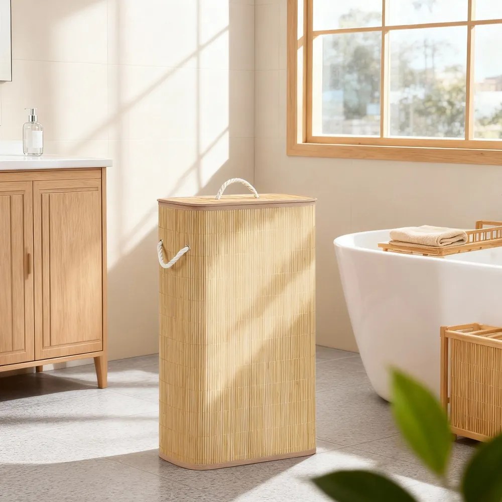 Cesto da roupa suja com tampa, 60 L, cesto de bambu 40 x 22 x 70 cm cor natural