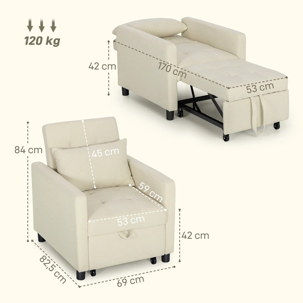 Sofá Cama Individual Poltrona com 4 Rodas Encosto Reclinável Almofada Extra e Assento Acolchoado 69x82,5x84 cm Bege