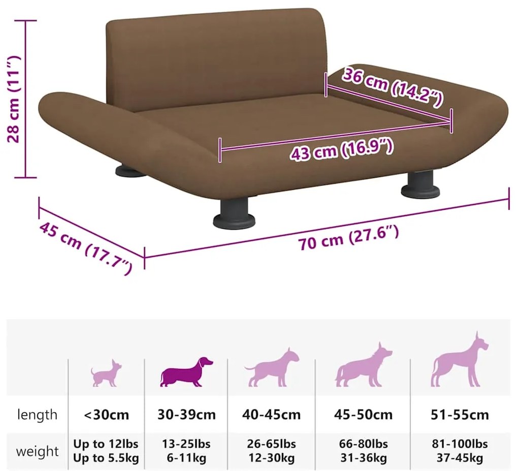 Cama para cães 70x45x28 cm tecido castanho