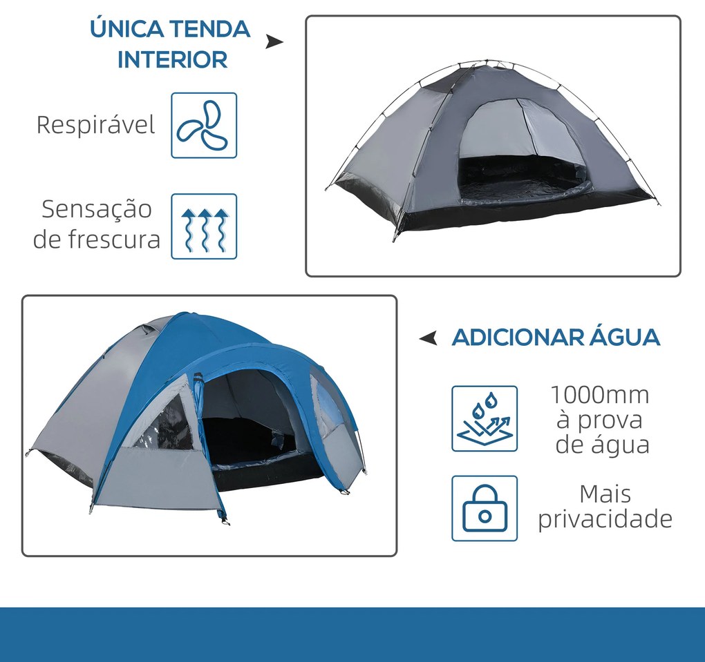 Tenda de Campismo para 4 Pessoas Tenda de Campismo com Janelas 2 Bolsos e Bolsa de Transporte 300x250x130 cm Cinza e Azul