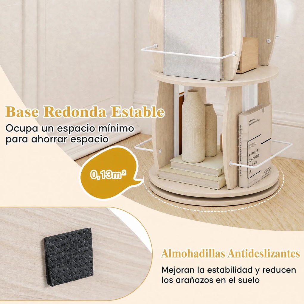 Estante Giratória para Livros, 40 x 40 x 107,5 cm, Rotação de 360° em 3 Níveis, Natural