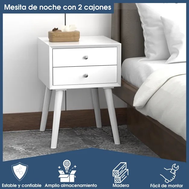 Mesa de cabeceira com 2 gavetas Mesa de cabeceira multiusos em madeira para quarto de dormir Sala de estar 40 x 40 x 59 cm Branco