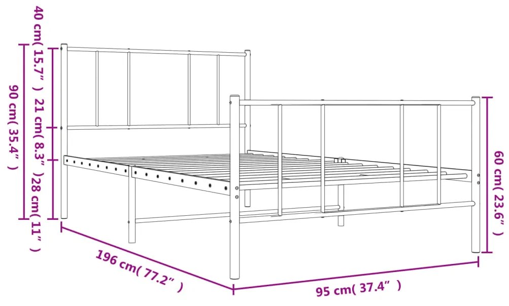 Estrutura de cama com cabeceira e pés 90x190 cm metal preto