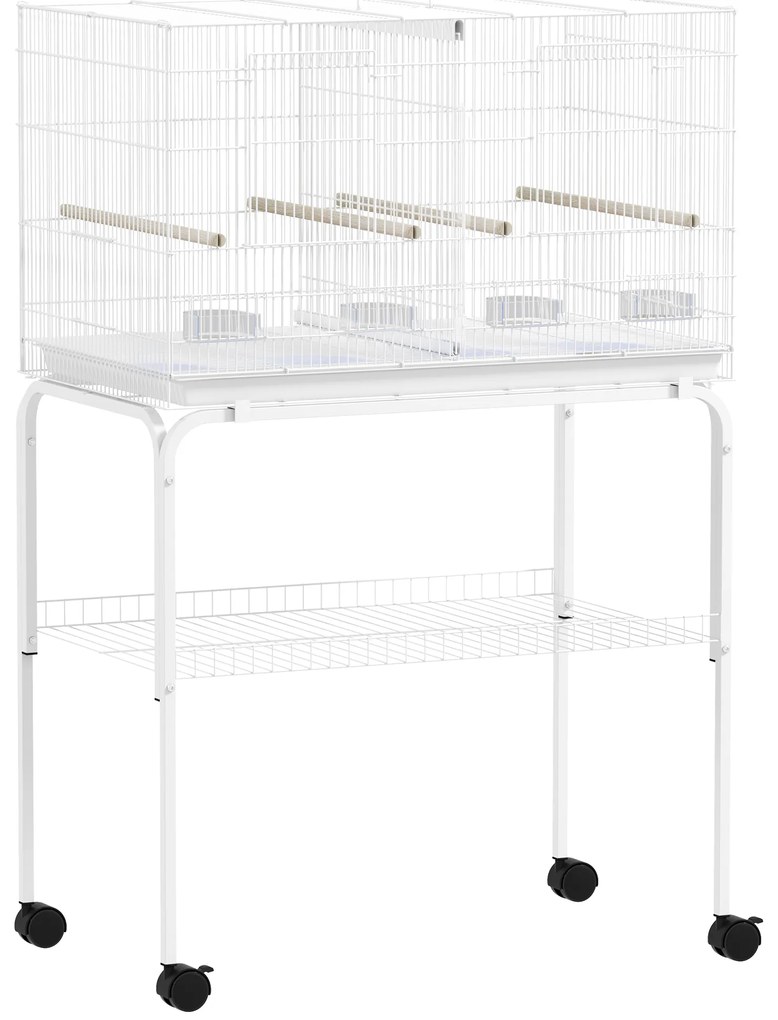 PawHut Gaiola para Pássaros com Divisória Rodas Gaiola para Aves com Comedouros Poleiros e Bandeja Removível 76x46x116 cm Branco