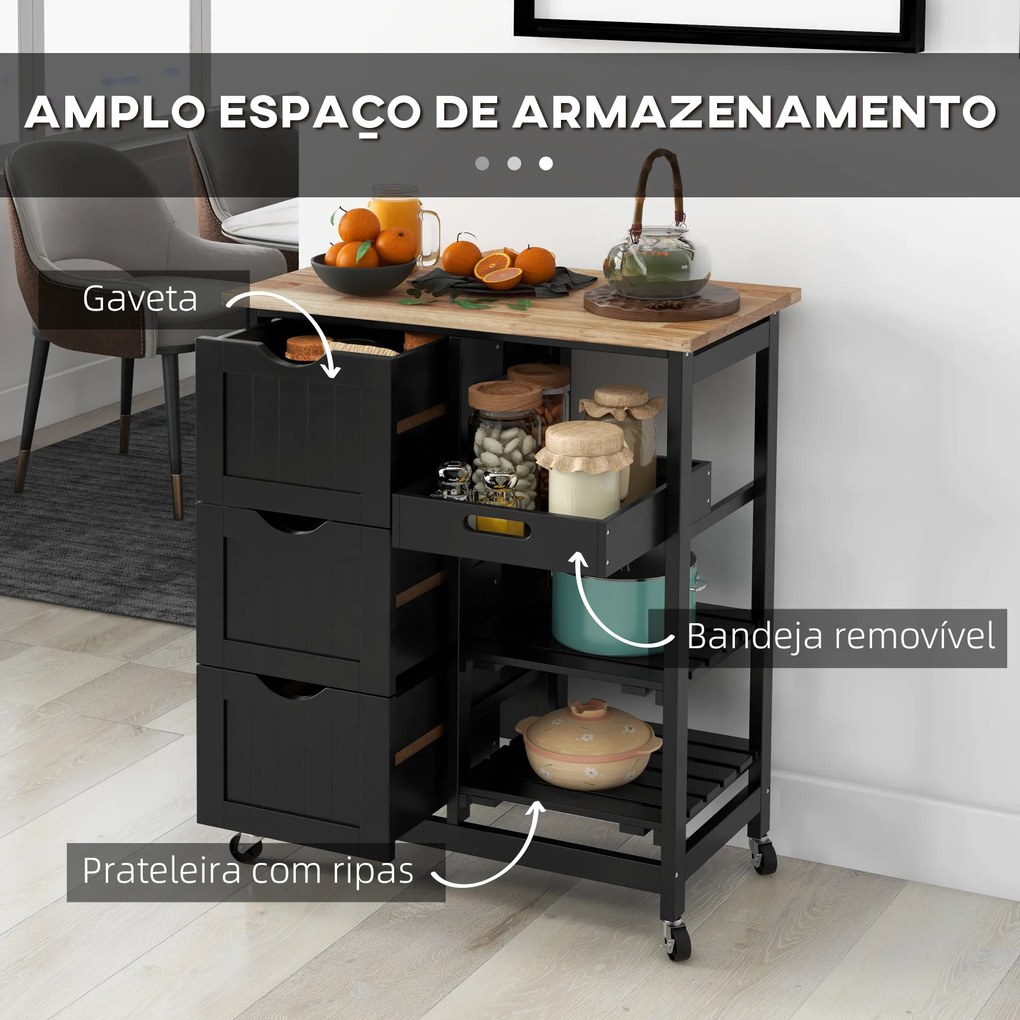 Carrinho de Cozinha com Rodas com 3 Gavetas 2 Prateleiras Abertas e Bandeja 67x37x85,5 cm Preto